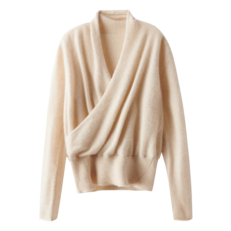 Women\'s 100% Cashmere Sweater Crossover Collar Pullover Office Lady Basic Grace Cashmere Knitwear Autumn Winter Tops