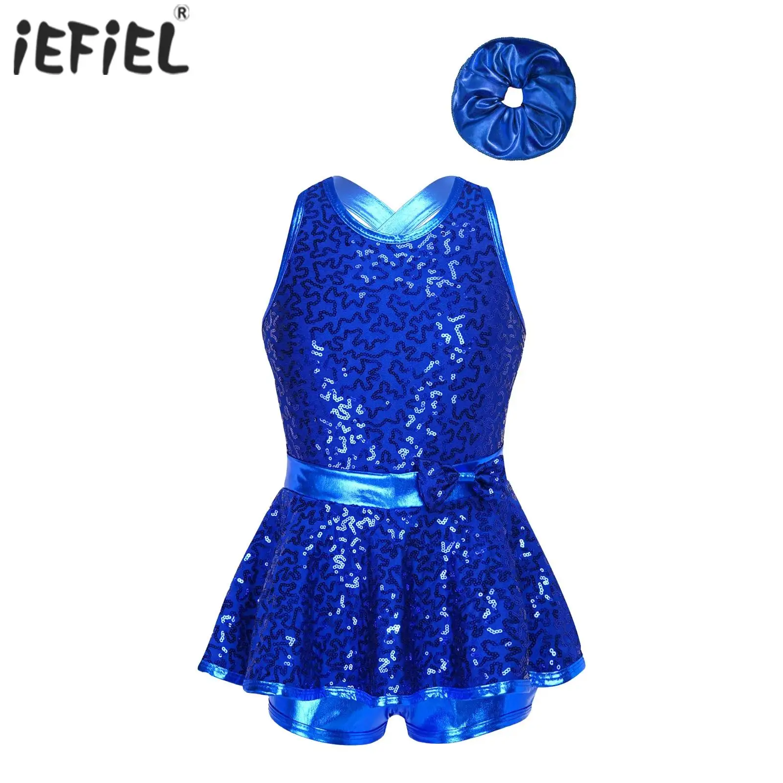 Kids Girls Jazz Dance Costume Sleeveless Sequined Leotard Dress Latin Tango Cha-Cha Samba Hip Hop Stage Performance Dancewear