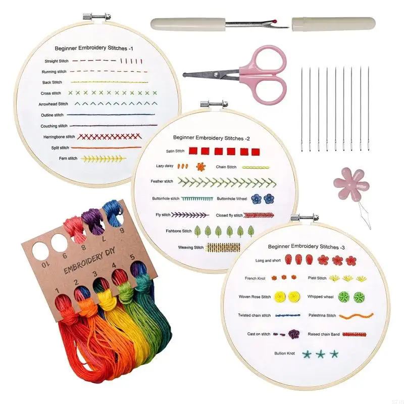 

37JB Beginners Embroidery Stitch Practice Bamboo Embroidery Hoop Seam Riper Set for Craft Lover Hand Stitch Embroidery Skill