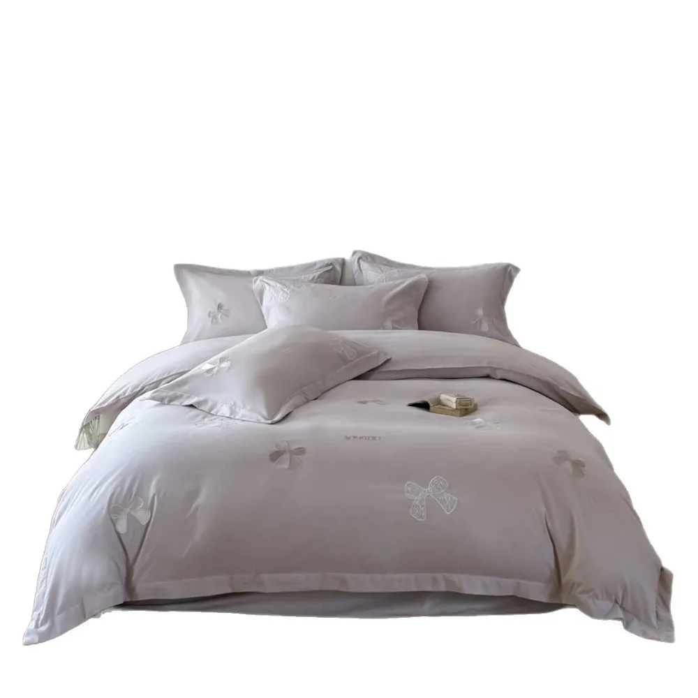 Luxury Embroidered 4 Piece Bedding Set Sheet Type Washed Fabric Four Season Home Use Light Premium Bedding