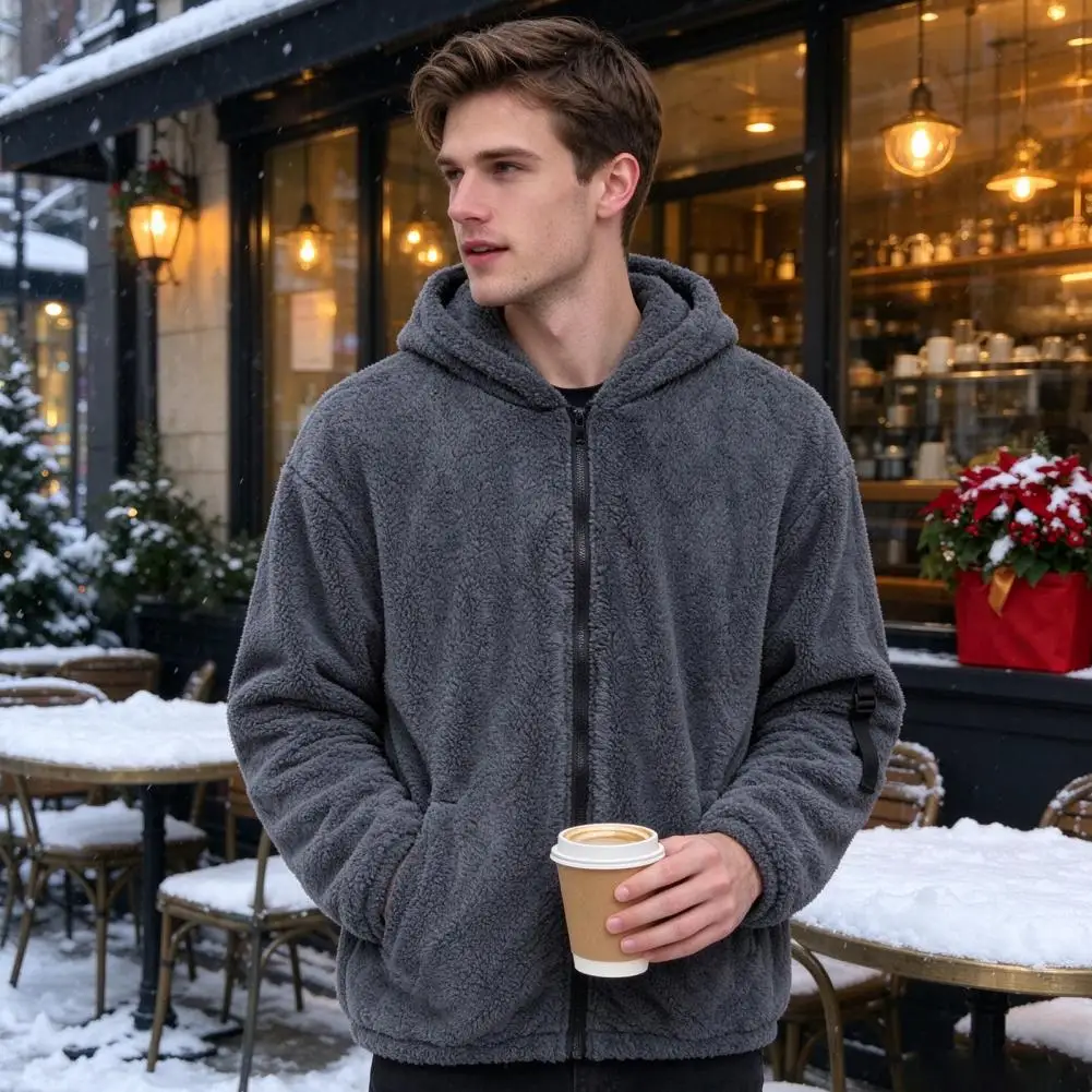 Thermal Hooded Coat for Men Men's Hooded Fleece Coat Windproof Winter Jacket with Elastic Cuffs Front Pockets Loose for Outdoor