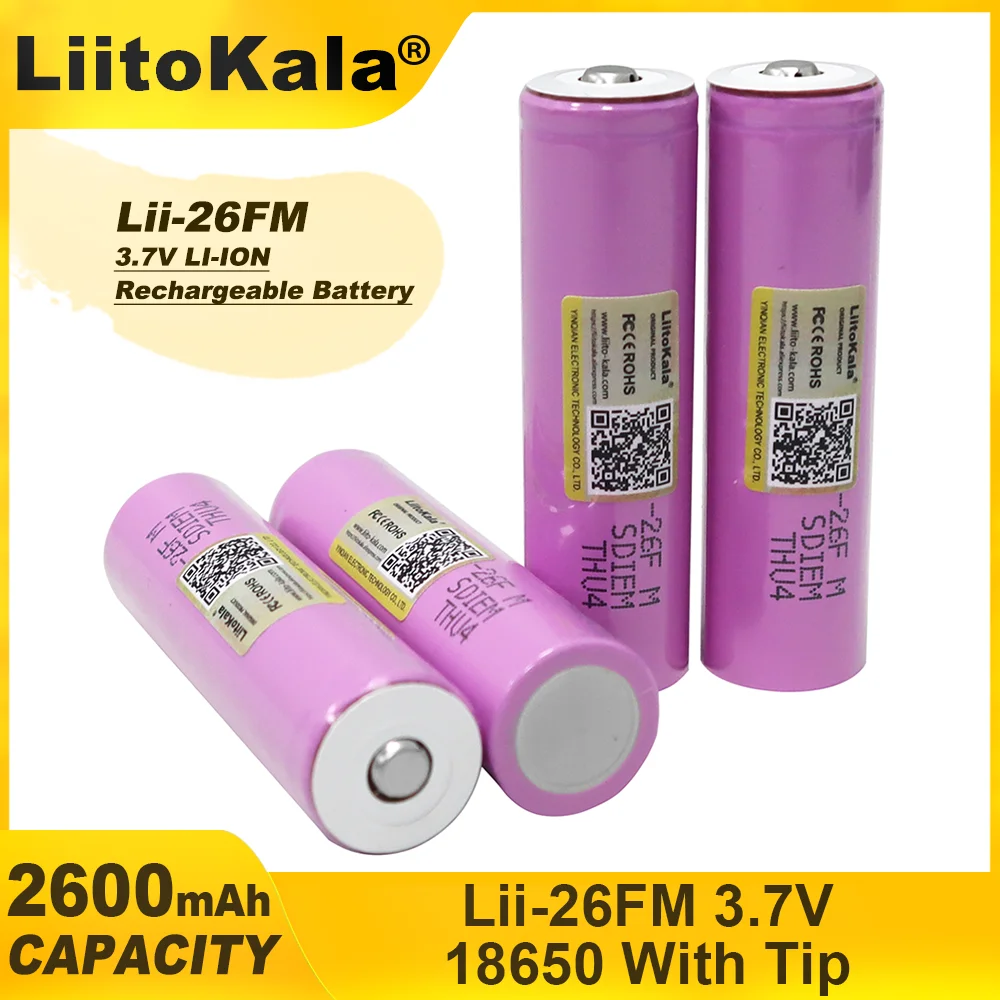 LiitoKala 3,7 V 2600 mAh 18650 bateria ICR18650-26FM akumulatory litowo-jonowe do latarki + spiczasta końcówka (bez płytki drukowanej)