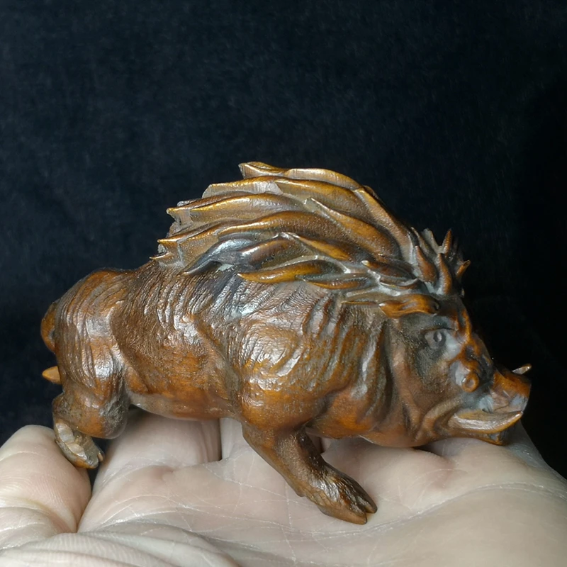 1919 Antique art Size 3.6 Inch Chinese Boxwood Wood Hand Carved Animal wild boar Figure Statue home Decoration gift Collection