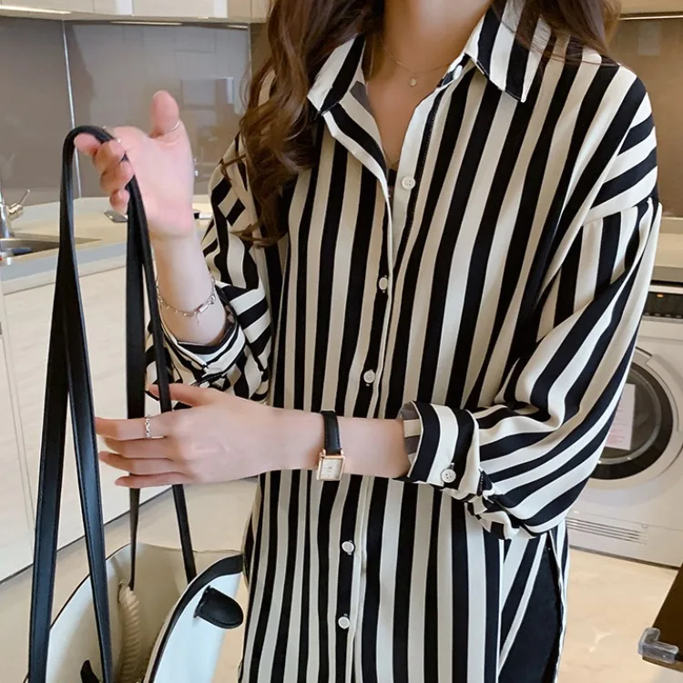 Women's Striped irt Loose Long Sve  Collar Mid-Length Commute Sle Korean Lazy Faion Early Spring New Arrival