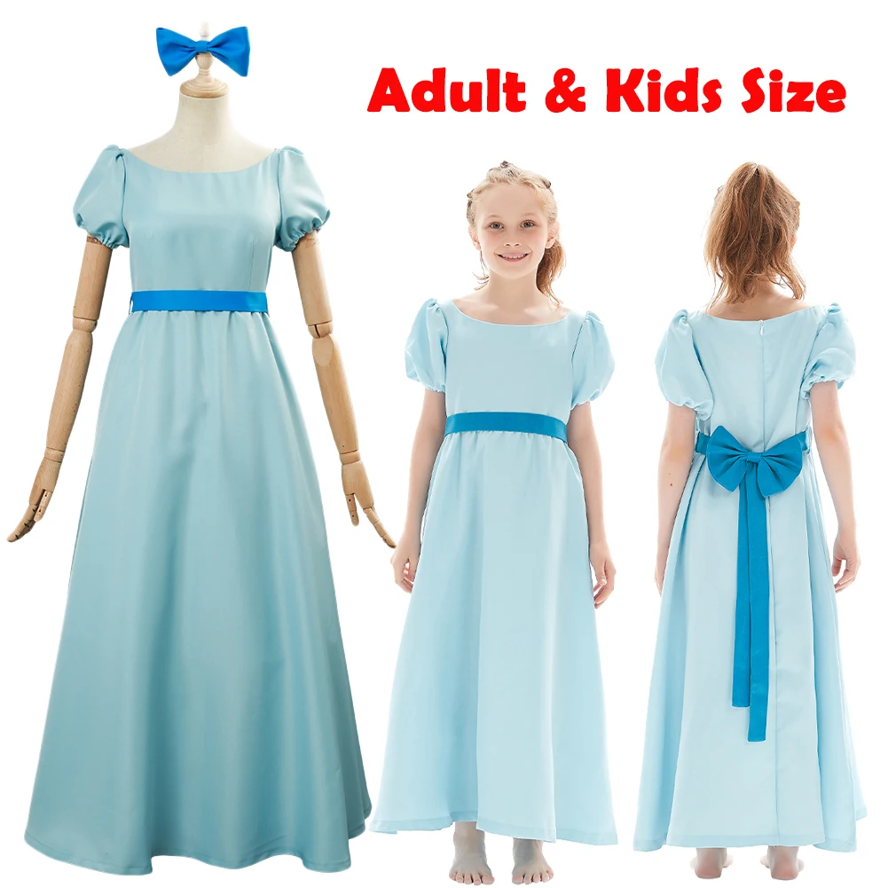 Disfraz de Peter Pan de Dibujos Animados, Vestido Azul de Wendy, Uniforme con Lazo, Ropa de Fantasía para Mujeres y Niñas, Halloween, Carnaval