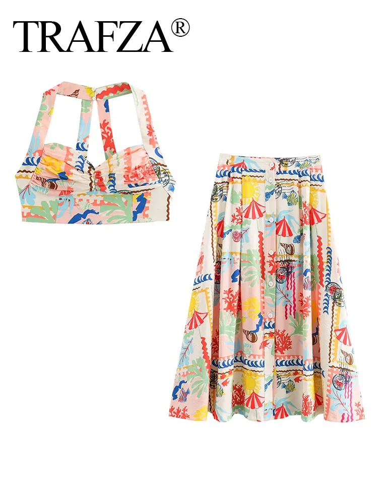 Trafza Sexy Mouwloze Rugloze Print Knopen Mini Sling Top + Hoge Taille Knopen Strand Midi Rok Traf Mode Vrouwen 2 Delige Set