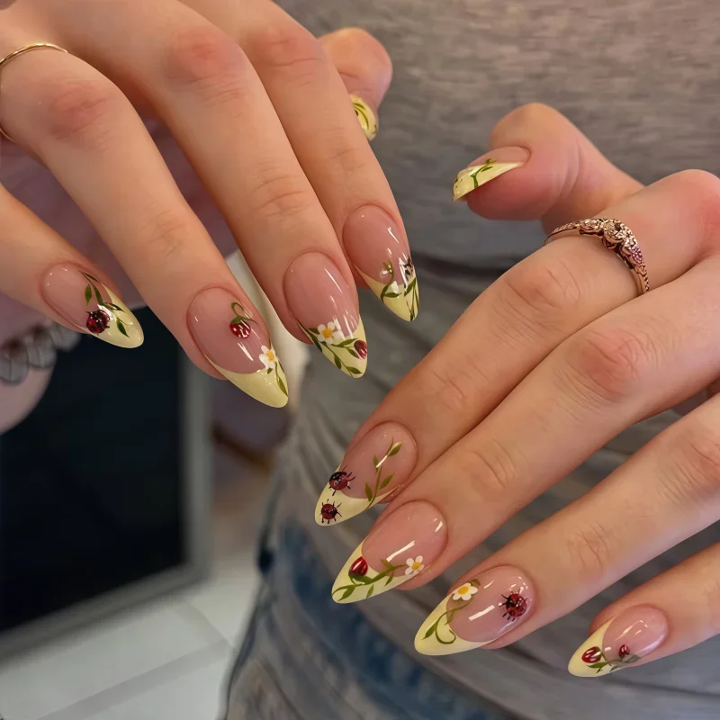 2026 24PCS French tip glossy neutral Bare pink gradient flower almond-shaped matte nails white and black dot artificial nails view 5
