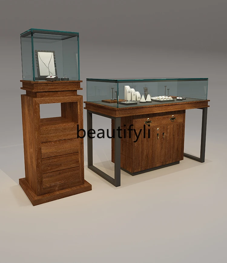 Jewelry glass Zhongdao display cabinet retro solid wood paint cabinet high-end museum display cabinet customization