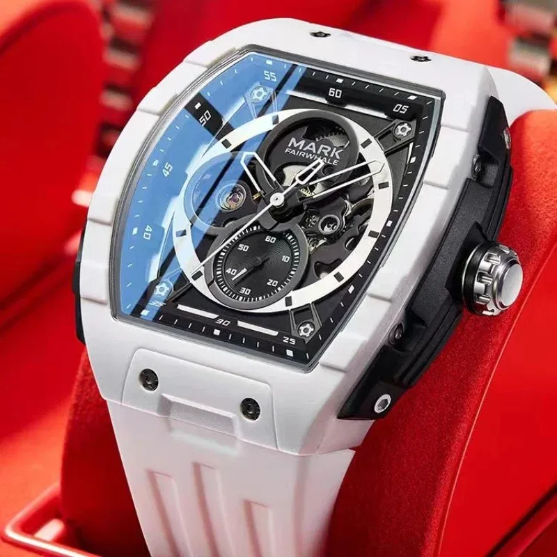 

Mark Fairwhale 6003, спортивные автоматические механические часы с циферблатом Tonneau для мужчин, военные аналоговые автоматические наручные часы с резиновым ремешком 2025