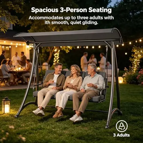 Outdoor Patio Swing, 3 Seat Porch Swing with Adjustable Canopy, Swing Chair for Backyard Garden Patio(Grey)