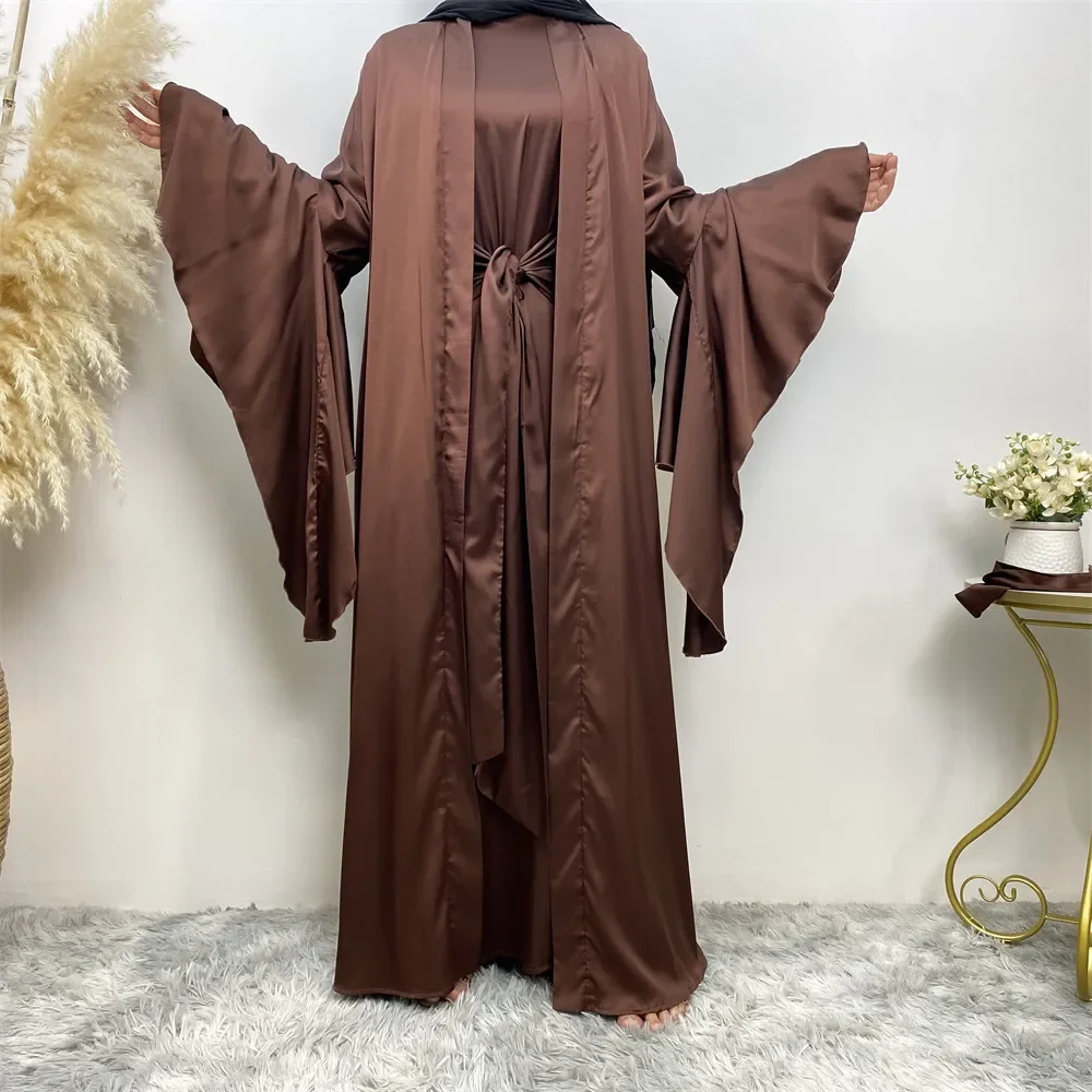 

Arab Turkish Dress Muslim Dress Satin Muslim Cardigan Two-piece Set Woman Muslim Ababya Fashion Simple Solid Color Lace-up Dress