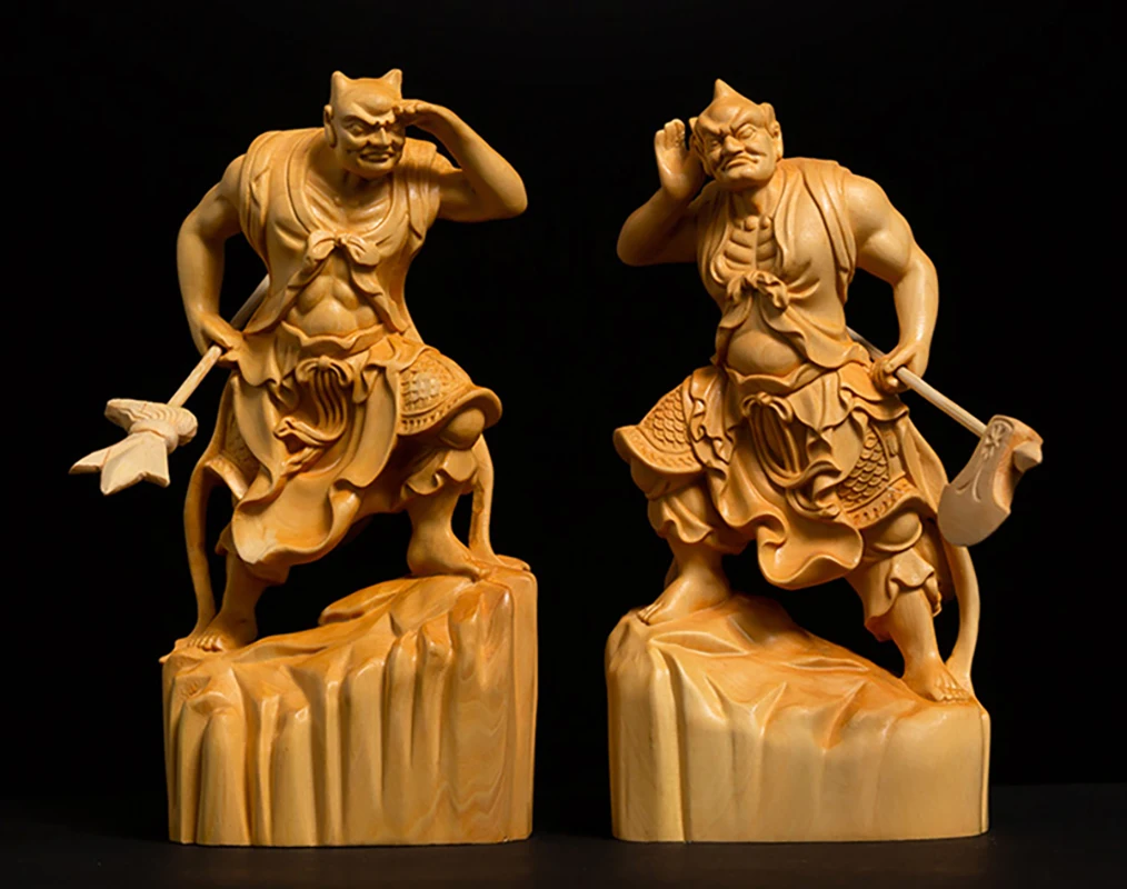 

D157 -11.5x5.8x4 CM Carved Boxwood Figurine Carving:Pair Guardian Gods Warriors