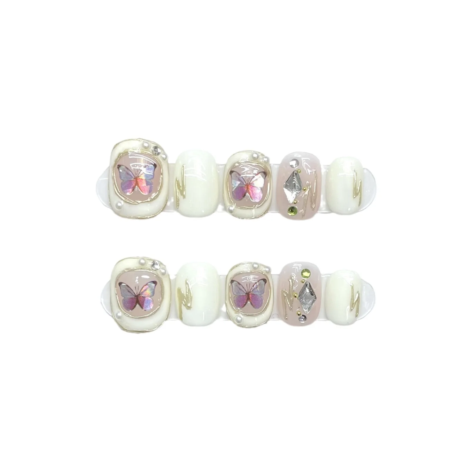 10Pcs Finished Handmade Fake Nails with Pearl Short Ballet Nail Tips Wearable Butterfly Press on Nails Full Cover False Nail