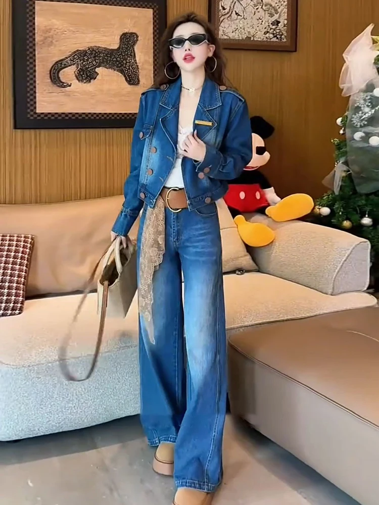Costume en denim décontracté pour femmes, nouveau style, veste slim et courte à double boutonnage + pantalon à jambes larges, ensemble deux pièces, printemps