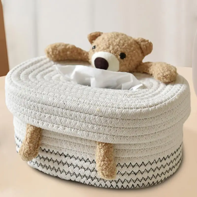 

cartoon tissue storage box with cute bunny bear Cotton cord woven Simple desktop dustproof tissue box with cover Handmade