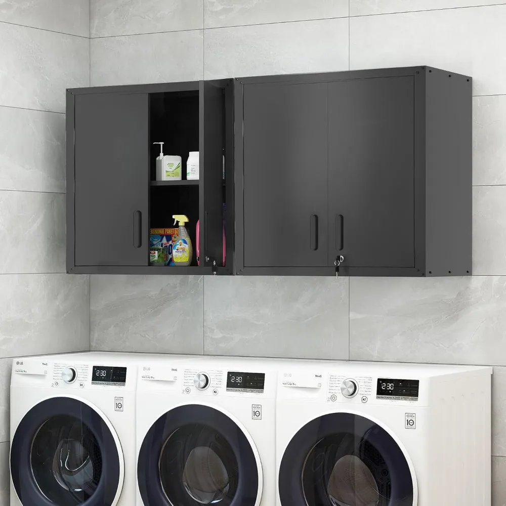 頑丈なロック付き壁掛けツールキャビネット、2ドア、調節可能な棚、黒仕上げ、ガレージ収納用