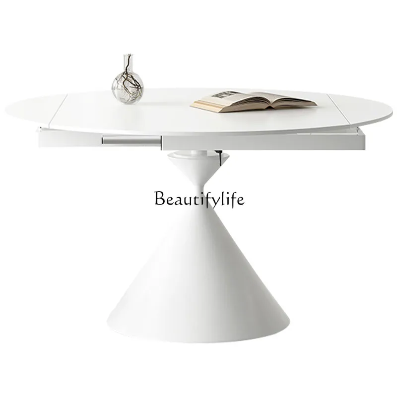 

Cream wind rock slab square and round dual-purpose matte white rotating retractable round dining table