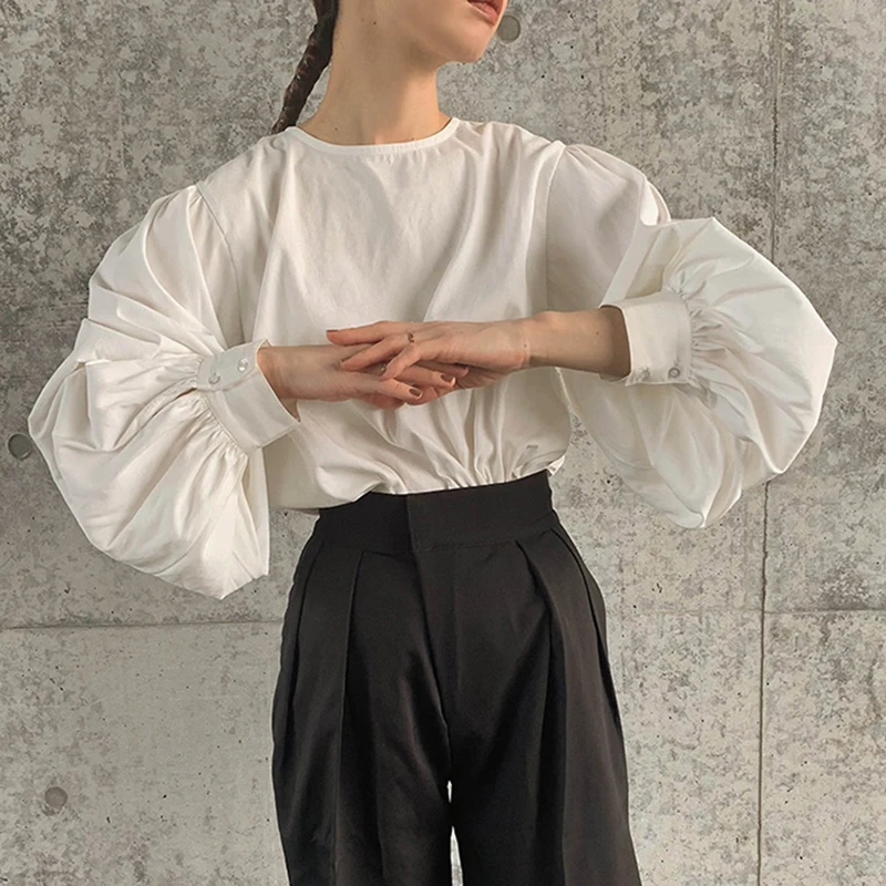 Lanterne ample Sve ronde Ne irt coton femme Faion automne nouveau Sle coupe confortable japonais Sle haut surdimensionné