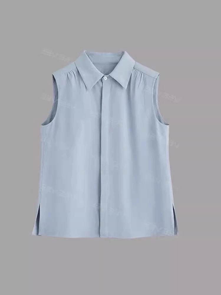 Blue Plaid Svel  irt Women's Spring Faion Inner Wear Layering Tool with Collar Vest Tank Top Korean Loose Fit