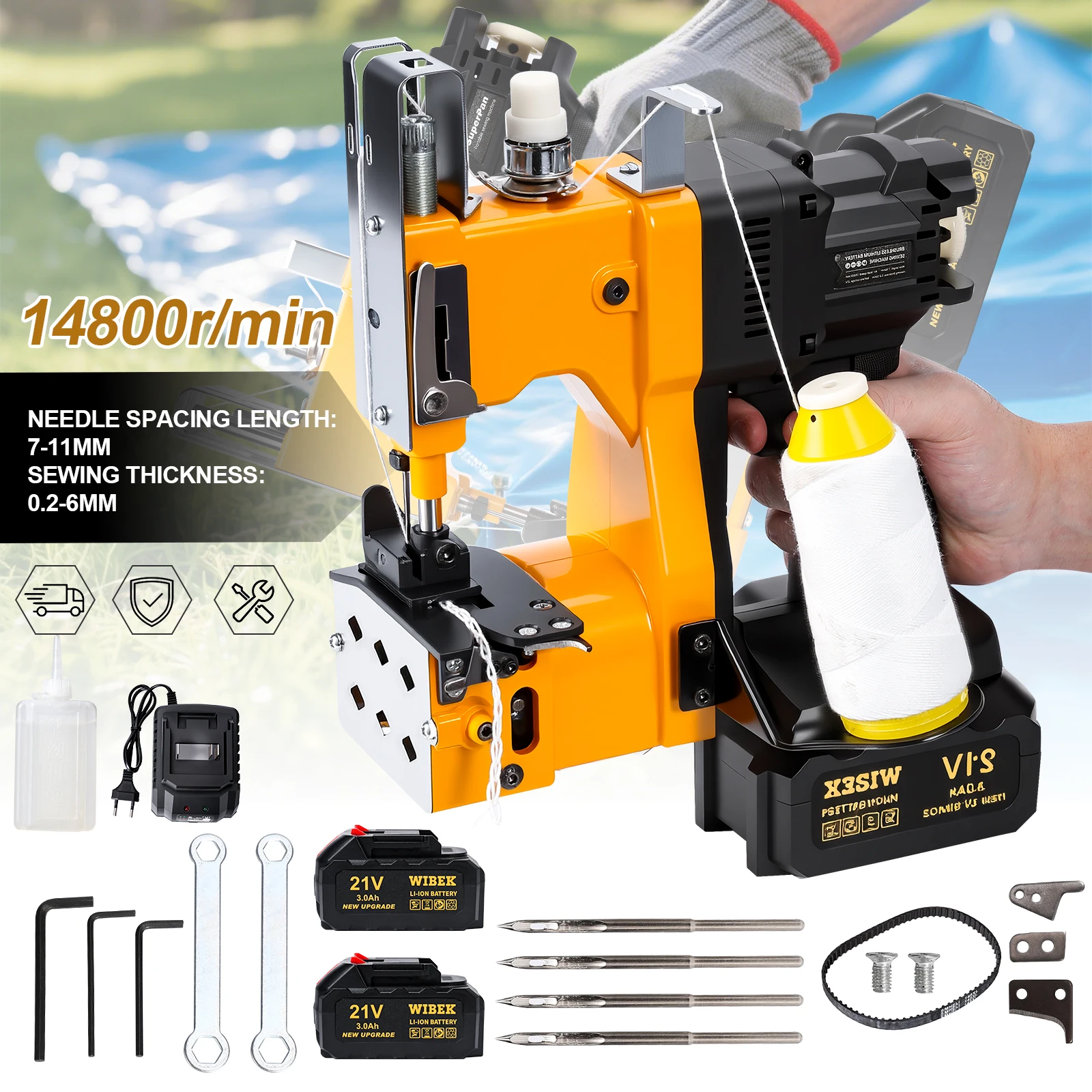Machine à coudre portative sans balais pour sacs, électrique, industrielle, pour l'emballage, portable avec 2 batteries pour la logistique d'entrepôt