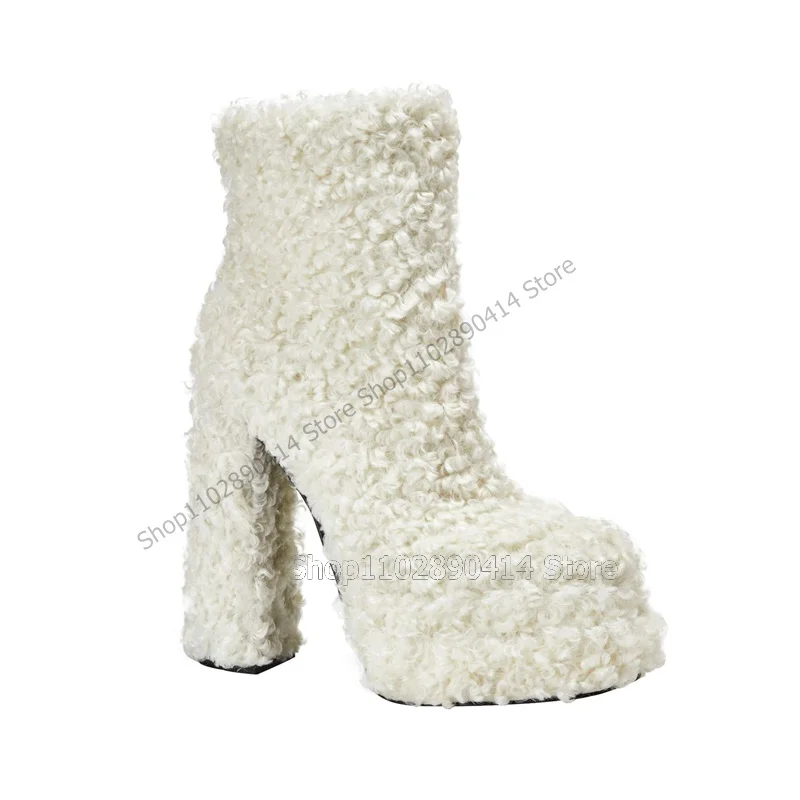 White Lamb Wool Mid Calf Round Toe Platform Boots Slip On Women Shoes Chunky High Heels Fashion Party 2023 Zapatos Para Mujere