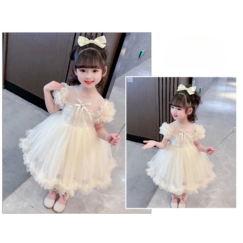 Children's dance dress with bubble sleeves, princess skirt, western-style performance, fluffy gauze skirt.