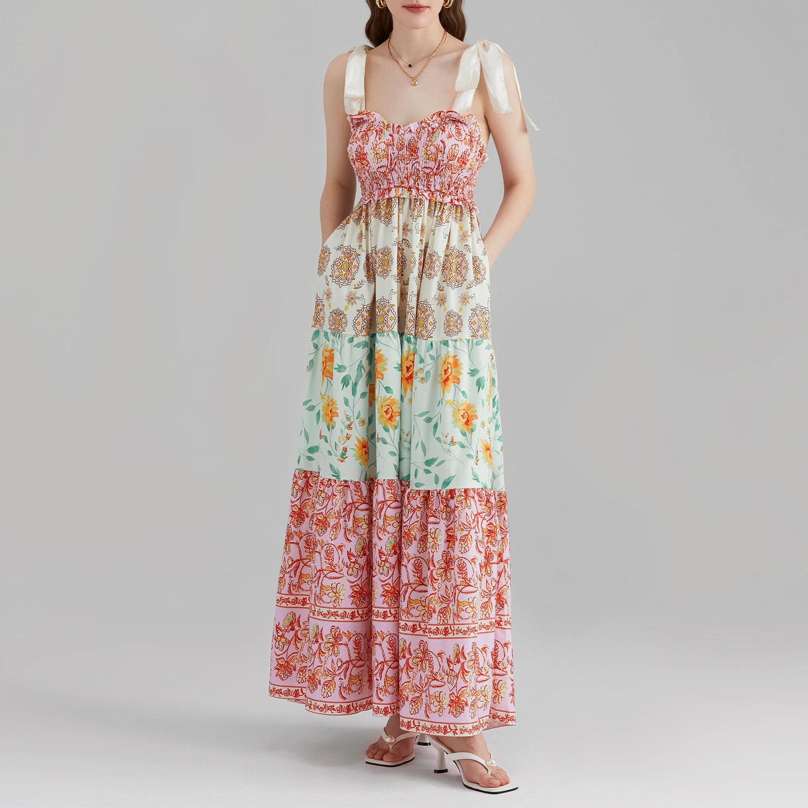 Vrouwen Zomer Retro Esthetische Jurken Flowy Maxi Jurk Mouwloze Stropdas Schouder Boho Jurken Y 2K Fairy Bloemen Strand Overgooiers