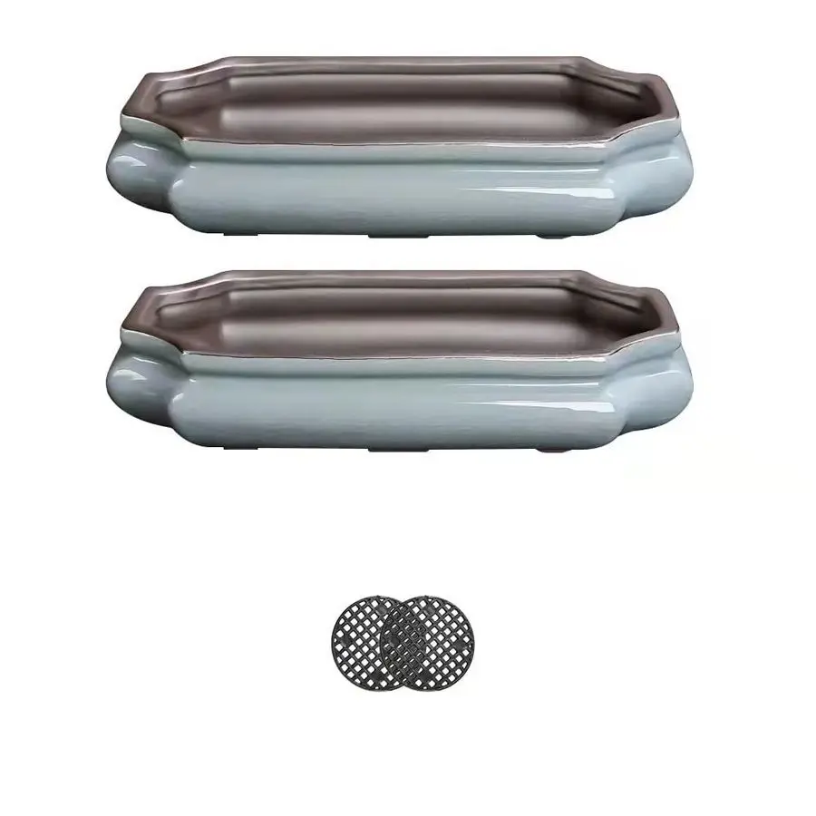 

10Inch Shallow Bonsai Pots 2Piece Set Water Glaze Blue Succulent Platter Bonsai Tree Ceramic Flower Pot Handmade Without Plants