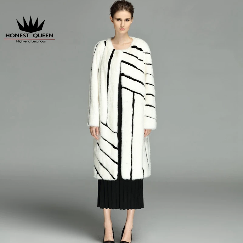 HQ Woman's long mink fur coat quality natural real mink black and white stripes simple fashion warm large size custom wholesale