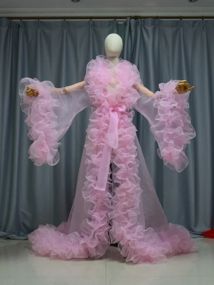 

Розовый длинный женский халат из органзы с оборками и пышными рукавами, сексуальные прозрачные женские платья макси, пляжные свадебные платья, цвет на заказ