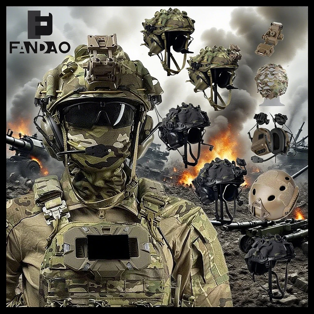 

Tactical Airsoft Helmet Set with Communication Headset FAST Camo Helmet Cover L4G24 Bracket for Field Paintball CS Game Cosplay