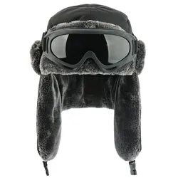 SupSindy Army Military Ushanka Men&Women Winter Bomber Hats with Goggle Warm Faux Rabbit Fur Pilot Earflap Trapper Snow Ski Caps