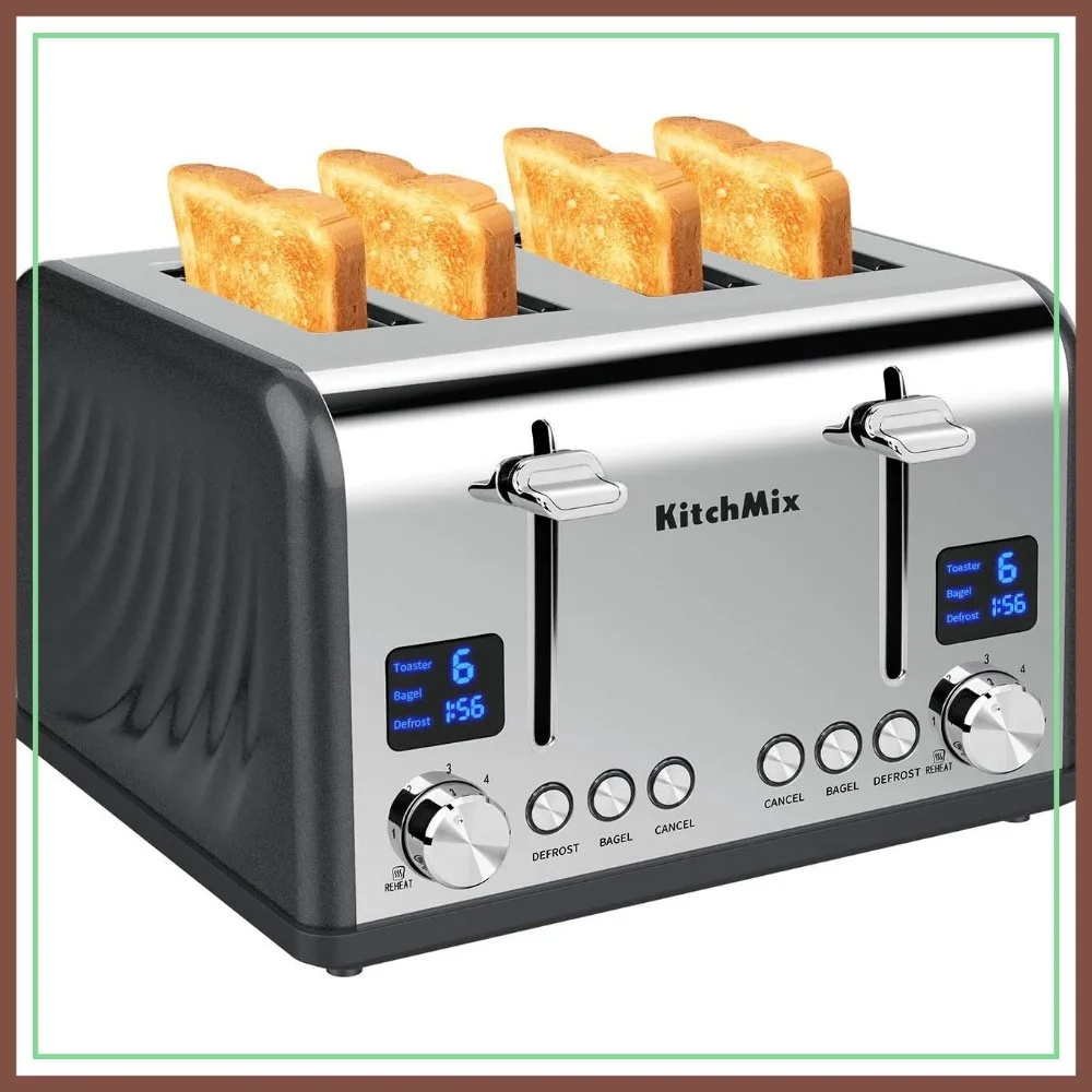 

4 Slice Toaster with LCD Timer, Extra Wide Slots, Dual Screens, Removable Crumb Tray, Gray