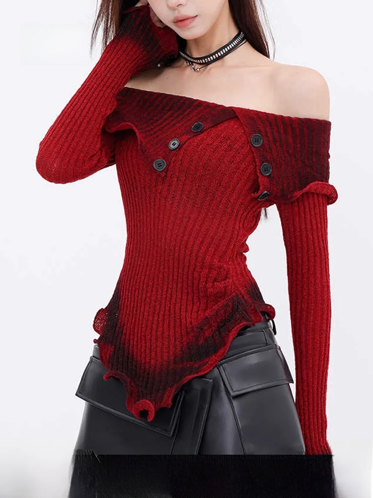 

Красная градиентная блузка с рюшами по низу, облегающая, с длинным рукавом, на одно плечо, женская, универсальная, с вырезом, в стиле Sweet Sle