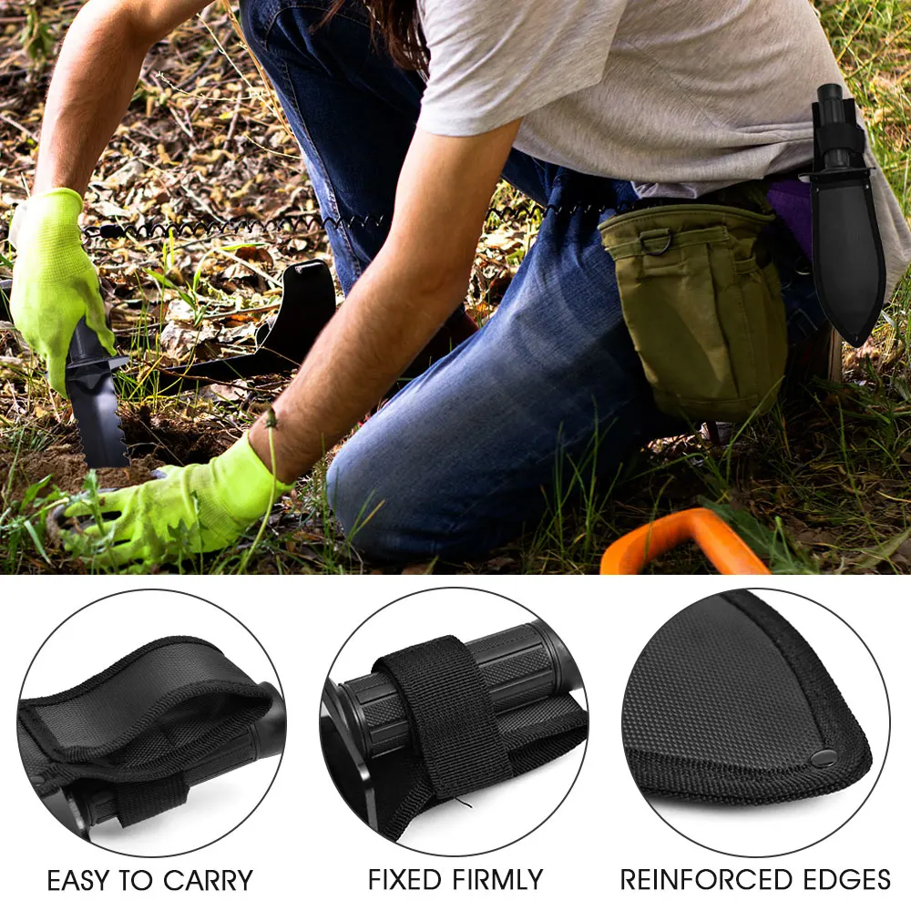 Przenośna składana łopata z podwójnym ostrzem ząbkowanym, narzędzie do kopania w ogrodzie, na kemping, wędrówki, podróże i do prac ogrodniczych na świeżym powietrzu.