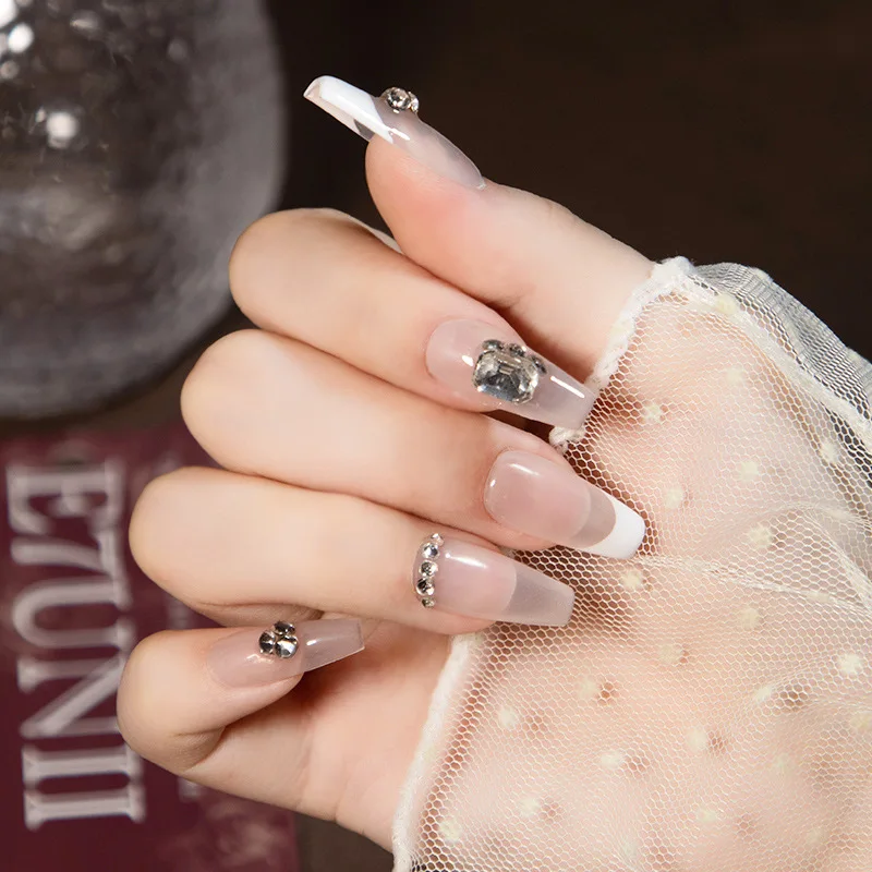 10pcs Handmade Nude French Mid-Length Press on Acyrlic Nails with Glue Square Press Ons Long Fake Nails with Design False Nails