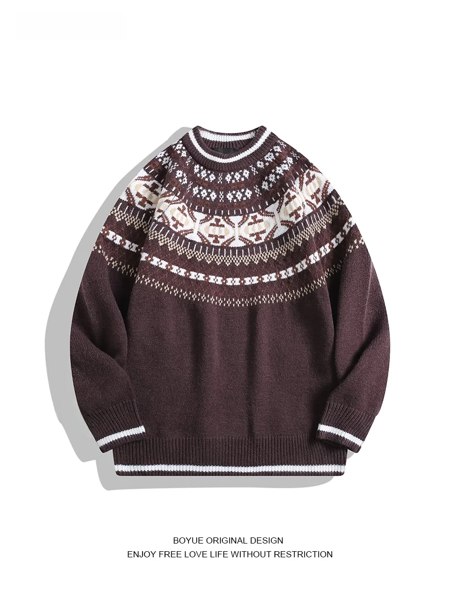 

Вязаный свитер Boyue в стиле ретро Fair Isle, повседневный мягкий универсальный мужской длинный свек, круглый теплый модный зимний топ