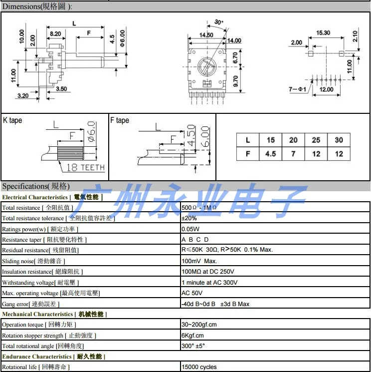 Potenciómetro Dual giratorio Vertical RK14, 7 pies, B5K, B10K, B20K, B50K, B100K, potenciómetro de ajuste de volumen de órgano electrónico, 2 piezas