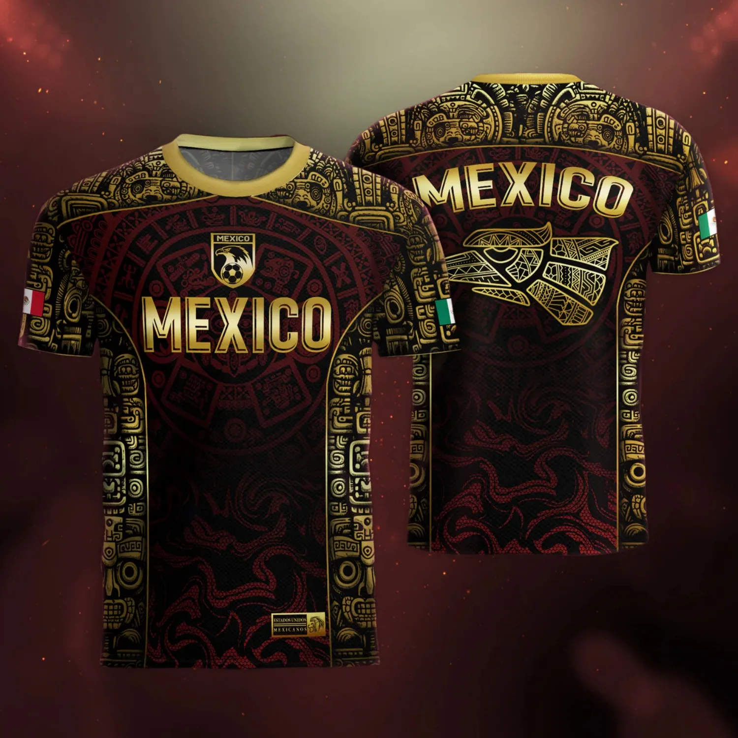 Mens Crewneck T Shirt Mexico Gold Crest Aztec Graphic Short Sleeve Casual Athletic Tee Burgundy Heritage Fanwear Top Retro Style