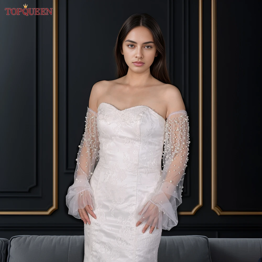 

TOPQUEEN G113 Elegant Wedding Shawls Bridal Wraps with Pearl Beaded Openwork Jacket Summer Bolero for Women Transparent Cape DIY