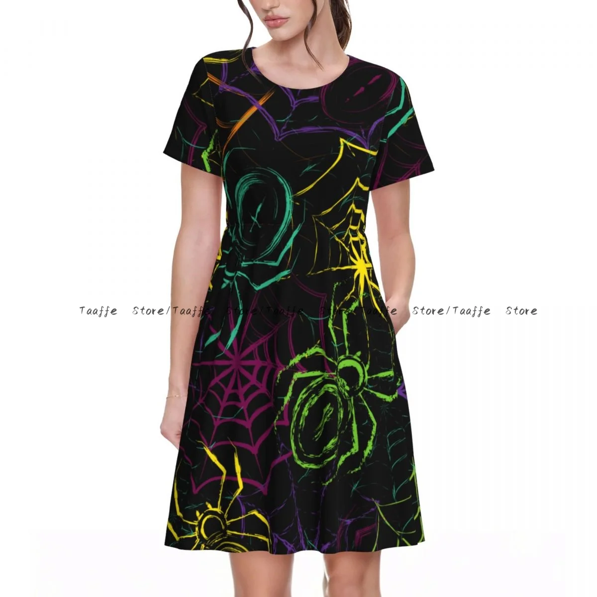 

Women Dress Grunge Spiders Spiderweb Summer Elegant O Neck Short Sleeve Female Casual Loose Long Dress