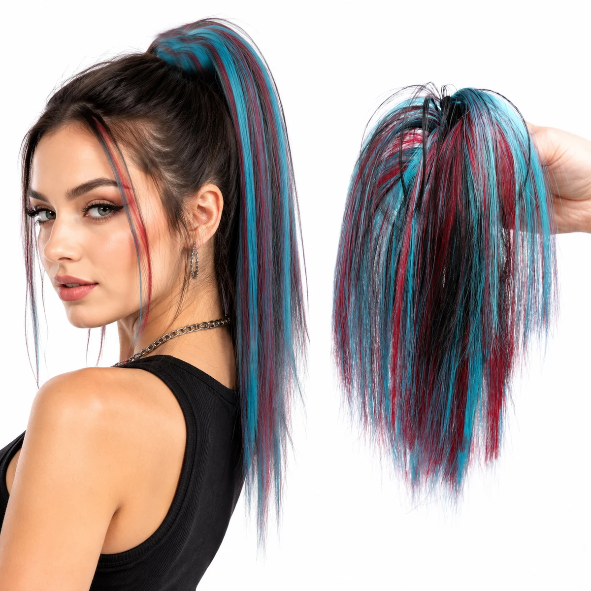 Synthetic ponytail colored hair extension clip women's heat-resistant synthetic wig red blue black striped punk cosplay party