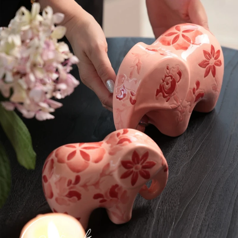 Light Luxury Ceramic Elephant Statue Hand Painted Art Figurine Office Peace Symbol Ornament for Living Room Entryway Home Decor