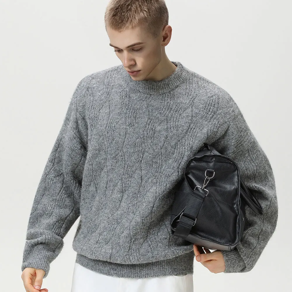 

TFETTERS 2025, зимняя мода, вязаные свитера из мохера, мужские топы с длинными рукавами, винтажный однотонный пуловер, мужской свитер оверсайз