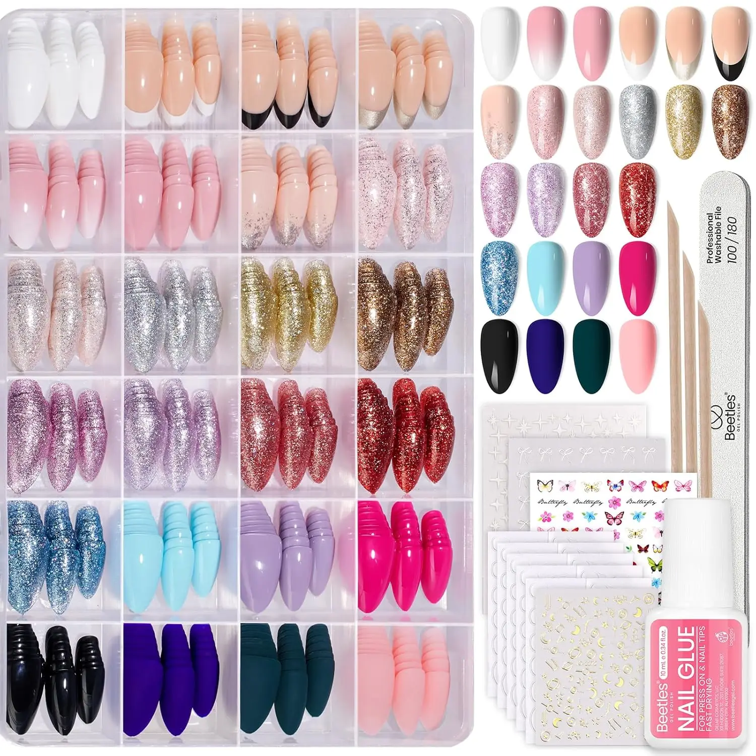 

720Pcs Short Almond Press-On Nails Kit, 24 Colors Glossy Matte Glitter with Glue & Tabs, Lightweight Fake Nails for Women