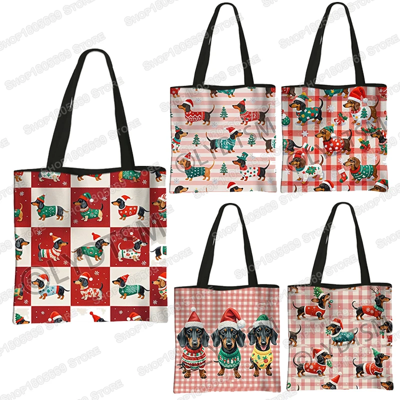 natal-neve-diversao-dachshund-cao-impressao-bolsa-arvore-de-natal-lona-feminina-sacos-de-compras-meninas-sacos-de-ombro-sacolas-presente