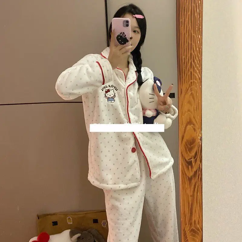 Sanrio Hello Kitty pyjamas femmes hiver corail velours épaissi chaud dessin animé vêtements d'extérieur maison vêtements costume velours pantalon