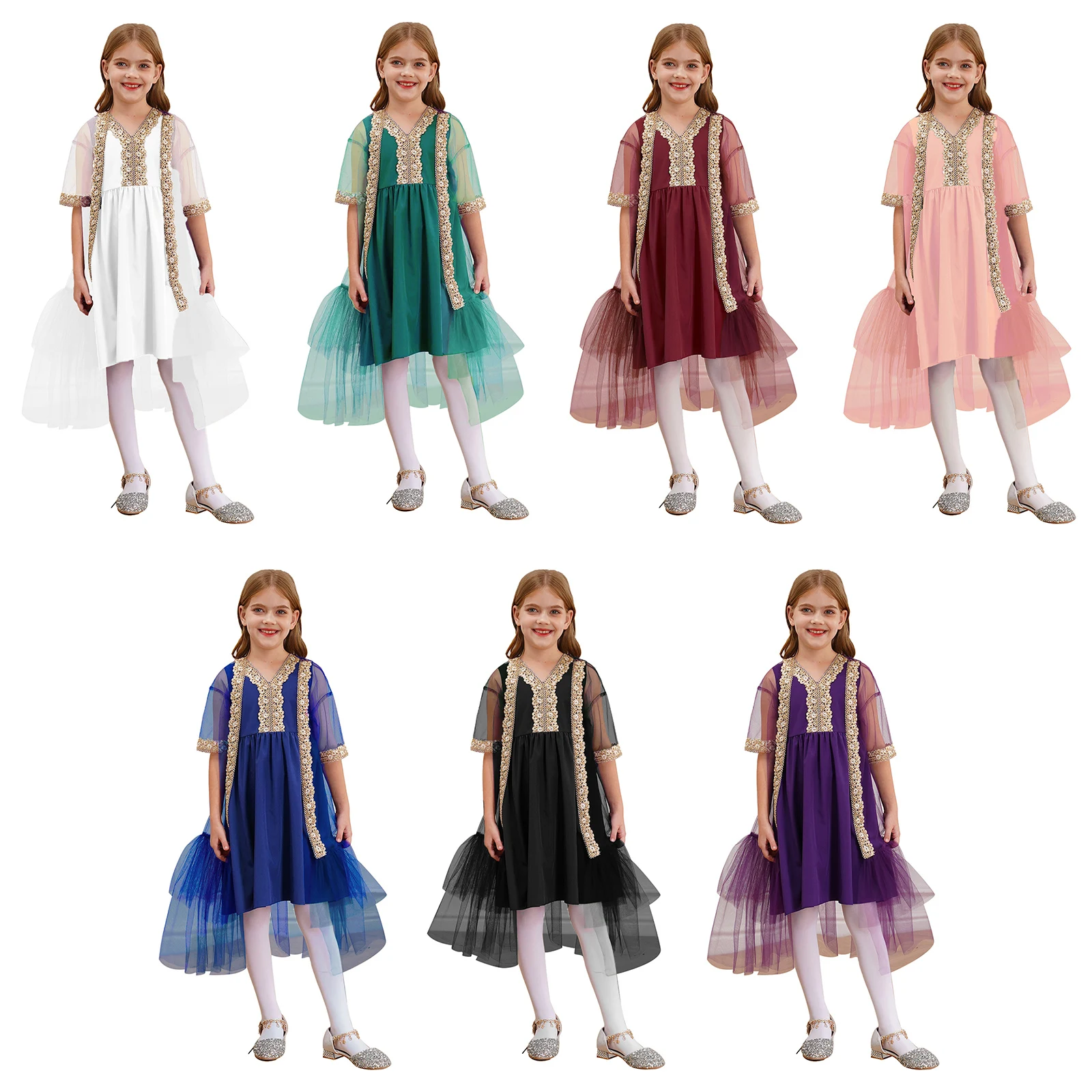 Kids Girls Applique Party Dress Embroidered V Neck Sleeveless Ruffled Dress with Short Sleeve Open Front Tulle Cloak