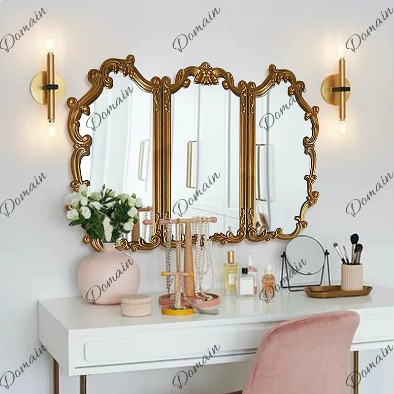 French Triple Folding Mirror Vintage Fireplace Decor European Vanity Mirror for Bedroom Bathroom Desk