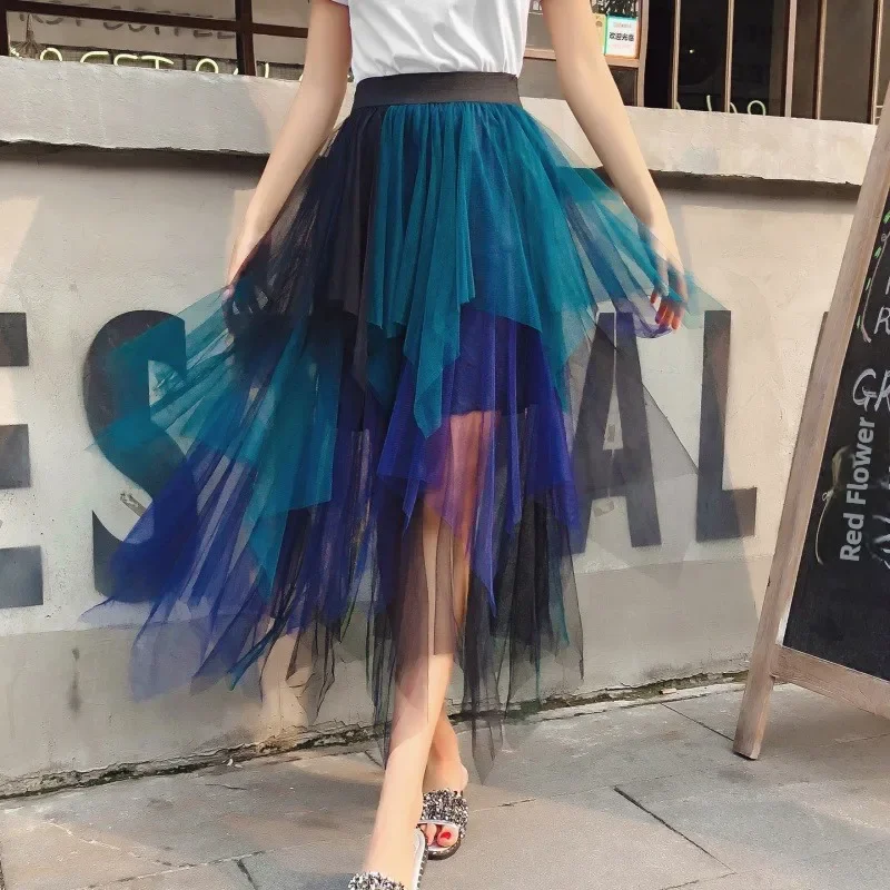 Women's Mid-Length Spring Summer New Style Fresh Sweet Style Casual Wear High Waist Asymmetrical Skirt Color Block Mesh